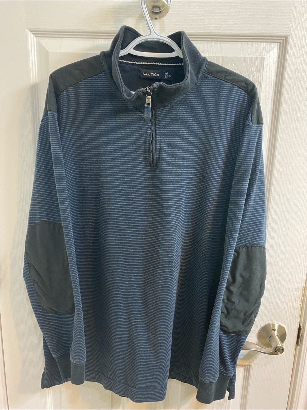 Nautica Quarter Zip Blue Black Men’s XL Pullover Sweater Elbow Patches Cotton